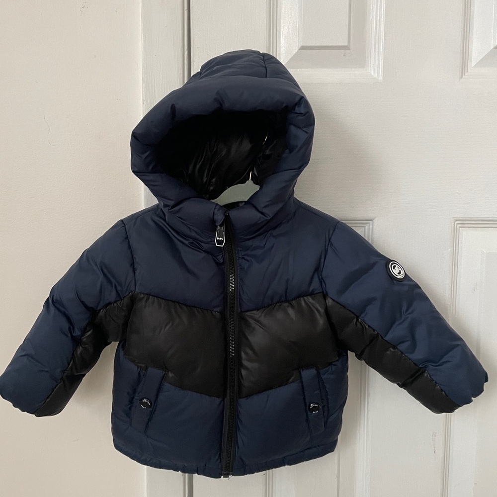 Michael Kors 12M winter puffy jacket with zipper and hoodie - blue and black